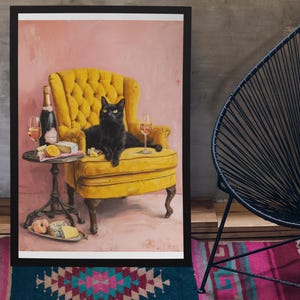 Whimsical Black Cat Buffet Art Print: Quirky Kitchen Decor