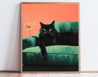 Whimsical Black Cat Martini Print: Quirky Cocktail Bar Wall Art