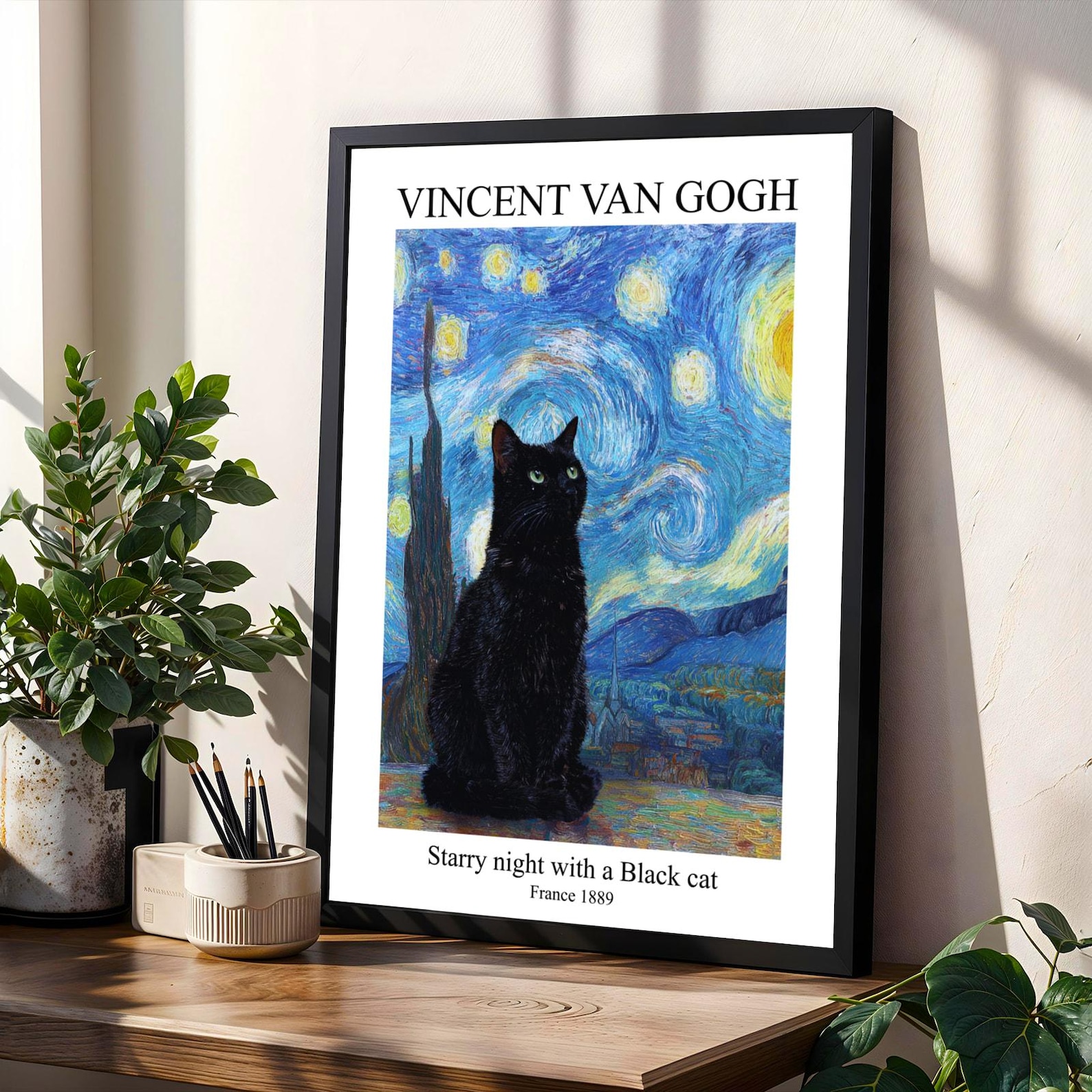 Black Cat Starry Night Art Print , Van Gogh Style Poster, Cat Home ...