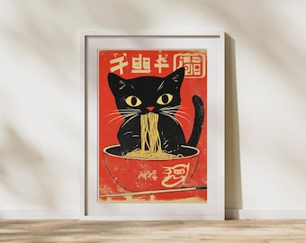 Plakat z japońskim kotem i ramenem w stylu retro: oryginalna sztuka ścienna do kuchni