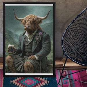 Highland Cow Drinking beer Wall Art Print // Vintage Painting Style Portrait of Scottish Cow in Victorian Suit - Animal Decor Poster Gift