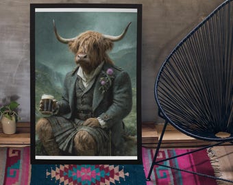 Highland Cow Drinking Beer Wall Art Print / Vintage schilderstijl portret van Schotse koe in Victoriaans pak - Animal decor poster cadeau
