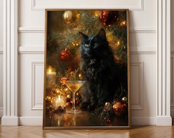 Póster navideño de gato negro: lámina artística en negro y dorado, decoración navideña, arte de pared de gato negro, lámina de gato