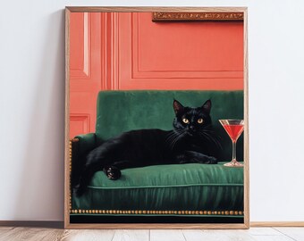 Whimsical Black Cat Martini Art Print: Quirky Cocktail Bar Decor