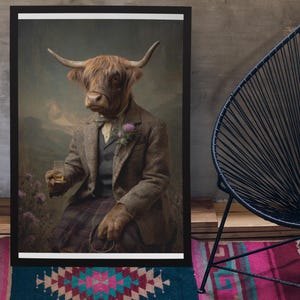 Highland Cow Drinking Whisky Wall Art Print // Vintage Painting Style Portrait of Scottish Cow in Victorian Suit - Animal Decor Poster Gift