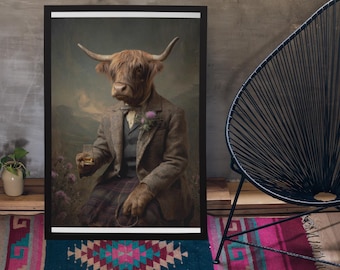 Highland Cow Drinking Whiskey Wall Art Print / Vintage schilderstijl portret van Schotse koe in Victoriaans pak - Animal decor poster cadeau