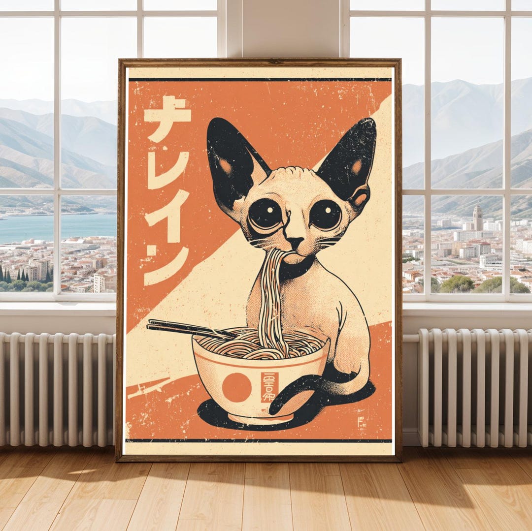 Vintage Sphynx Cat Eating Ramen Poster: Funny Japanese Kitchen Art ...