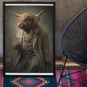 Highland Cow Drinking Whisky Wall Art Print // Vintage Painting Style Portrait of Scottish Cow in Victorian Suit - Animal Decor Poster Gift