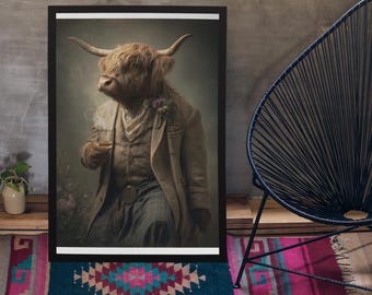 Highland Cow Drinking Whiskey Wall Art Print / Vintage schilderstijl portret van Schotse koe in Victoriaans pak - Animal decor poster cadeau