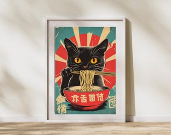 Plakat z ramenem w stylu retro z kotem: japońska sztuka ścienna do kuchni