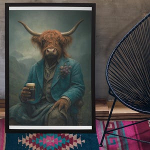 Highland Cow Drinking Guinness Wall Art Print / Vintage Painting Style Portrait of Scottish Cow in Victorian Suit - Animal Decor Poster Gift