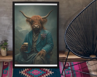 Highland Cow Drinking Guinness Wall Art Print / Vintage schilderstijl portret van Schotse koe in Victoriaans pak - Animal decor poster cadeau