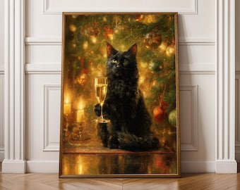 Póster navideño de gato negro: impresión artística festiva / Decoración navideña en negro y dorado: impresión navideña de gato negro, arte mural navideño, decoración del hogar