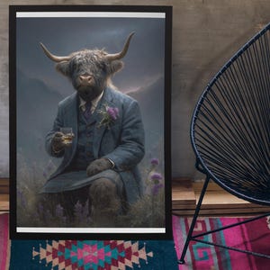 Highland Cow Drinking Whisky Wall Art Print // Vintage Painting Style Portrait of Scottish Cow in Victorian Suit - Animal Decor Poster Gift
