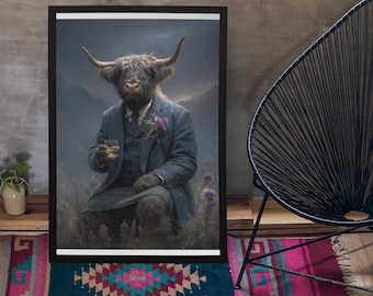 Highland Cow Drinking Whiskey Wall Art Print / Vintage schilderstijl portret van Schotse koe in Victoriaans pak - Animal decor poster cadeau