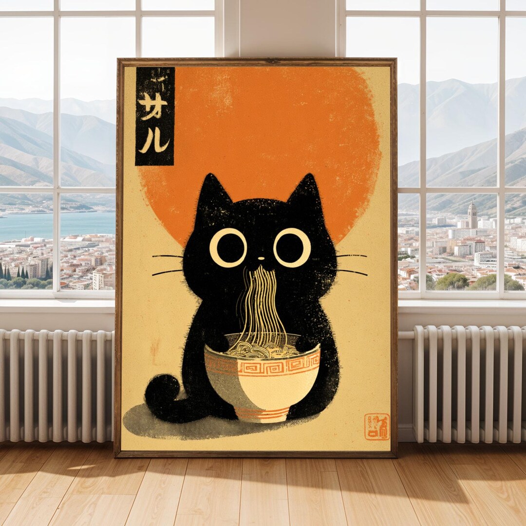 Hungry Black Cat Eating Ramen Poster: Japanese Food Art Print, Black ...