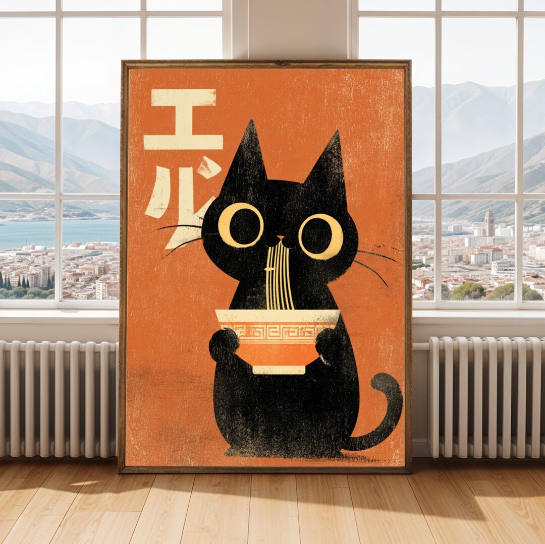 Hungry Black Cat Eating Ramen Poster: Japanese Food Art Print, Black ...