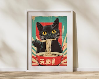 Plakat z japońskim kotem i ramenem w stylu retro: oryginalna sztuka ścienna do kuchni