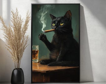 Whimsical Black Cat Smoking Cigar and Drinking Whiskey Wall Art Print , cat  lovers gift, cat lover, gift for her, wall art print, cat art