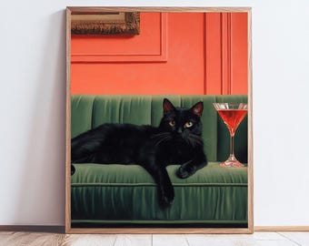 Whimsical Black Cat Martini Art Print: Quirky Cocktail Bar Decor