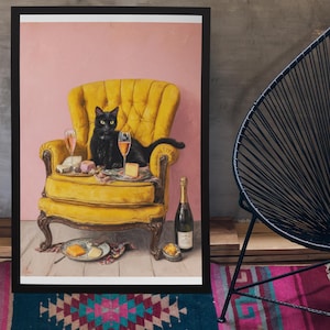 Whimsical Black Cat Buffet Art Print: Quirky Kitchen Decor