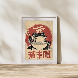 Retro Frog Ramen Poster: Quirky Japanese Kitchen Wall Art