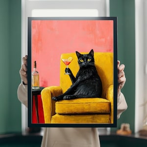 マティーニを持つ黒猫のアートプリント | キュートで風変わりな気まぐれ | カクテルアートバーカートの装飾 | 面白い黒猫のプリント | トレンディなホームウォールアート