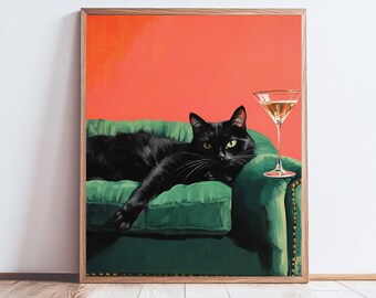 Whimsical Black Cat Martini Art Print: Quirky Cocktail Bar Decor