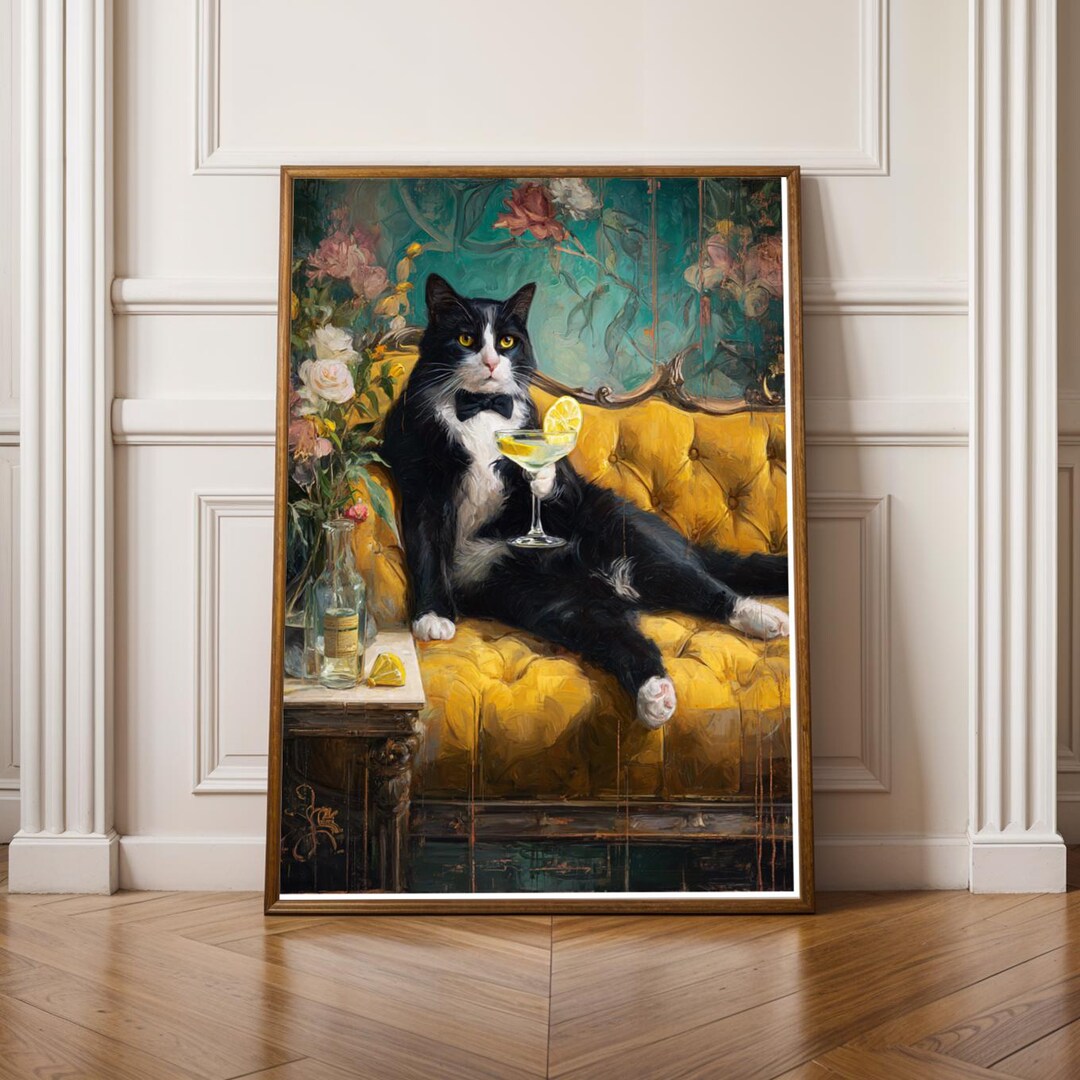 Tuxedo Cat Lounge Art Print – Yellow and Teal and Black Decor | Vintage ...