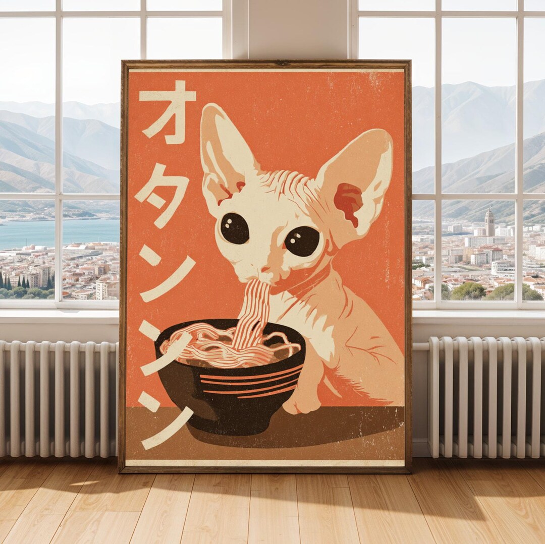 Vintage Sphynx Cat Eating Ramen Poster: Funny Japanese Kitchen Art ...