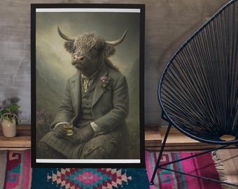 Highland Cow Drinking Whiskey Wall Art Print / Vintage schilderstijl portret van Schotse koe in Victoriaans pak - Animal decor poster cadeau