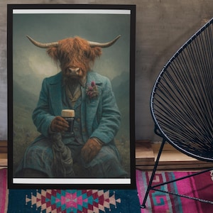 Highland Cow Drinking Guinness Wall Art Print / Vintage Painting Style Portrait of Scottish Cow in Victorian Suit - Animal Decor Poster Gift