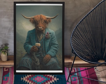 Highland Cow Drinking Guinness Wall Art Print / Vintage schilderstijl portret van Schotse koe in Victoriaans pak - Animal decor poster cadeau
