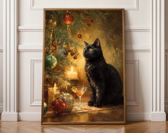 Póster de gato negro navideño: impresión artística en negro y dorado, decoración navideña, impresión artística de gato festivo, decoración del hogar, arte mural de gato negro festivo