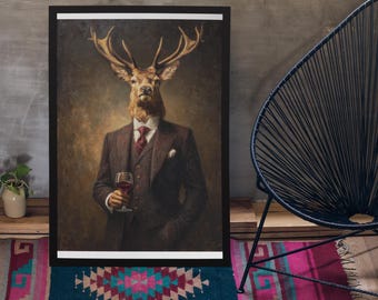 Stag Art Print // Vintage Painting Style Portrait of stag in Victorian Suit - Animal Decor Poster Gift, wall art, home decor, Stag print