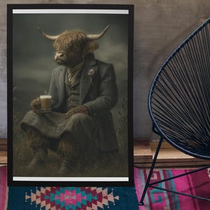 Highland Cow Drinking beer Wall Art Print // Vintage Painting Style Portrait of Scottish Cow in Victorian Suit - Animal Decor Poster Gift