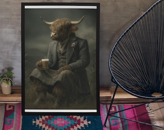 Highland Cow Drinking Beer Wall Art Print / Vintage schilderstijl portret van Schotse koe in Victoriaans pak - Animal decor poster cadeau