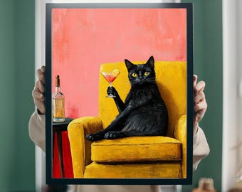Whimsical Black Cat Martini Print: Quirky Cocktail Bar Wall Art