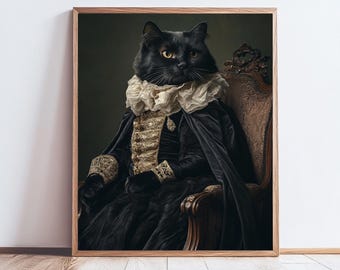 Victorian Gothic Black Cat Art Print: Dressed Cat Decor