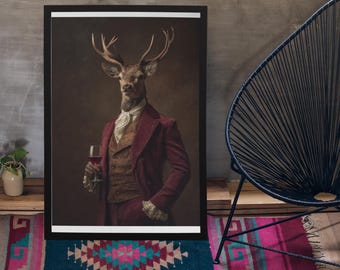 Stag Art Print // Vintage Painting Style Portrait of stag in Victorian Suit - Animal Decor Poster Gift, wall art, home decor, Stag print