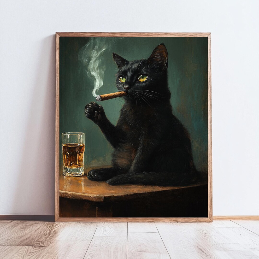 cat eating tobacco Whimsical Black Cat Smoking Cigar and Drinking Whiskey Wall Art Print , Cat  Lovers Gift, Cat Lover, Gift for Her, Wall Art Print, Cat Art