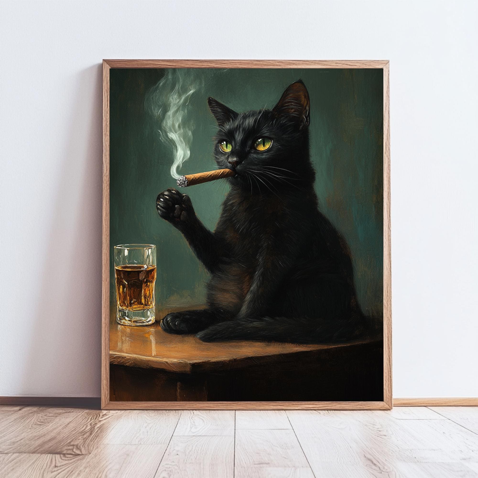 cat eating cigarette Whimsical Black Cat Smoking Cigar and Drinking Whiskey Wall Art Print , Cat  Lovers Gift, Cat Lover, Gift for Her, Wall Art Print, Cat Art