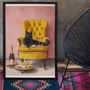 Whimsical Black Cat Buffet Art Print: Quirky Kitchen Decor
