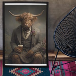 Highland Cow Drinking beer Wall Art Print // Vintage Painting Style Portrait of Scottish Cow in Victorian Suit - Animal Decor Poster Gift