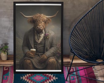 Highland Cow Drinking Beer Wall Art Print / Vintage schilderstijl portret van Schotse koe in Victoriaans pak - Animal decor poster cadeau
