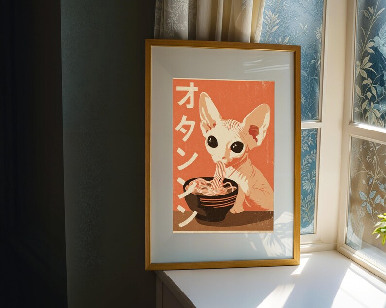 Vintage Sphynx Cat Eating Ramen Poster: Funny Japanese Kitchen Art ...