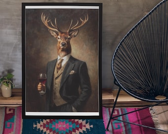 Stag Art Print // Vintage Painting Style Portrait of stag in Victorian Suit - Animal Decor Poster Gift, wall art, home decor, Stag print
