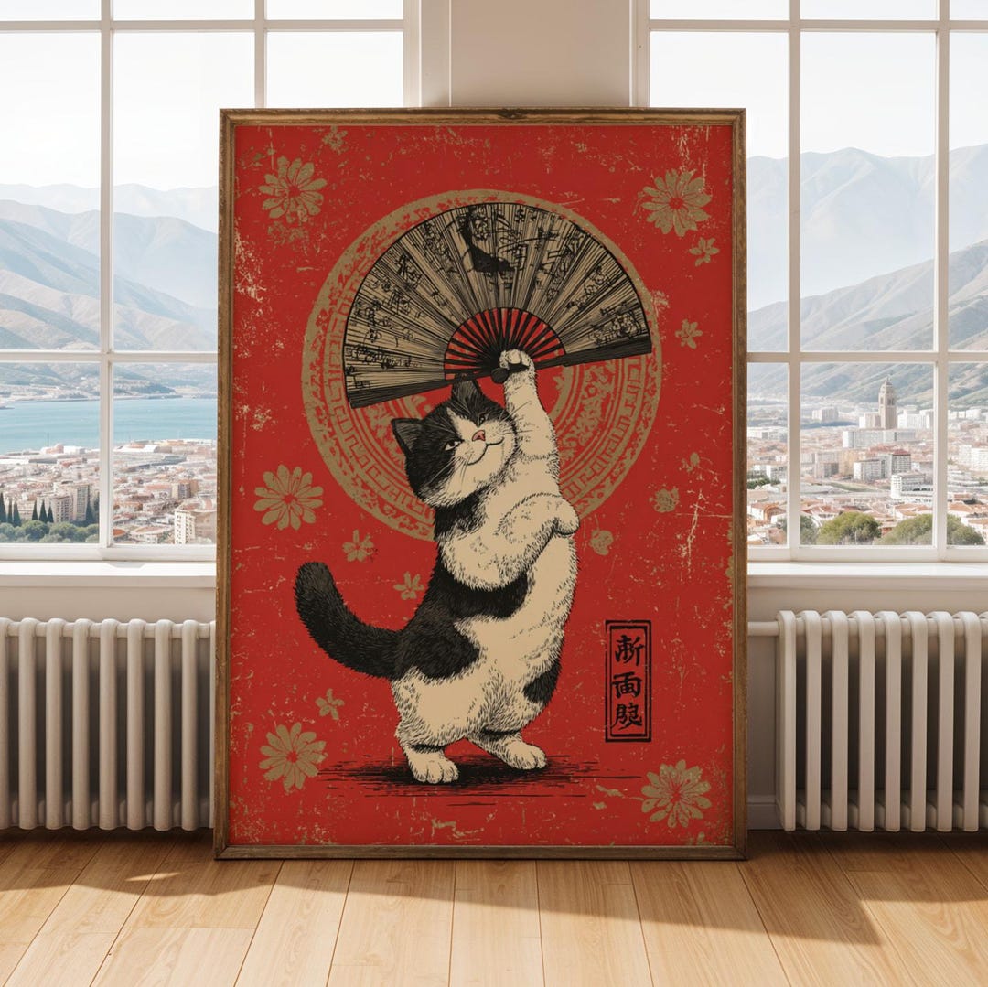 Vintage Japanese Cat Art Print - Funny Calico Kitten With Fan - Etsy