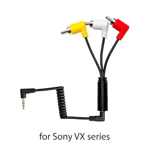 May include: A black audio/video cable with three RCA connectors in yellow, white, and red, and a 3.5mm jack. The text "for Sony VX series" is printed below the cable.