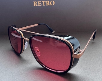 Óculos de sol estilo steampunk preto com lentes vermelhas para homens e mulheres | Vibes casuais | Melhor presente | Feriados e festivais |